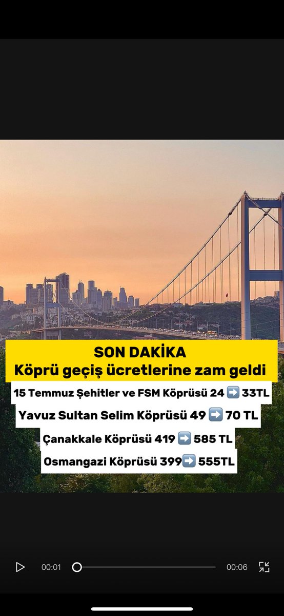 Köprü ve Otoyola zam geldi. #osmangazi  
. İstanbul-Ankara Anadolu Otoyolu otomobiller için 187 TL oldu. İstanbul-İzmir Otobanı ücreti Osmangazi Köprüsü geçiş ücreti dahil otomobiller için 1370 TL oldu.