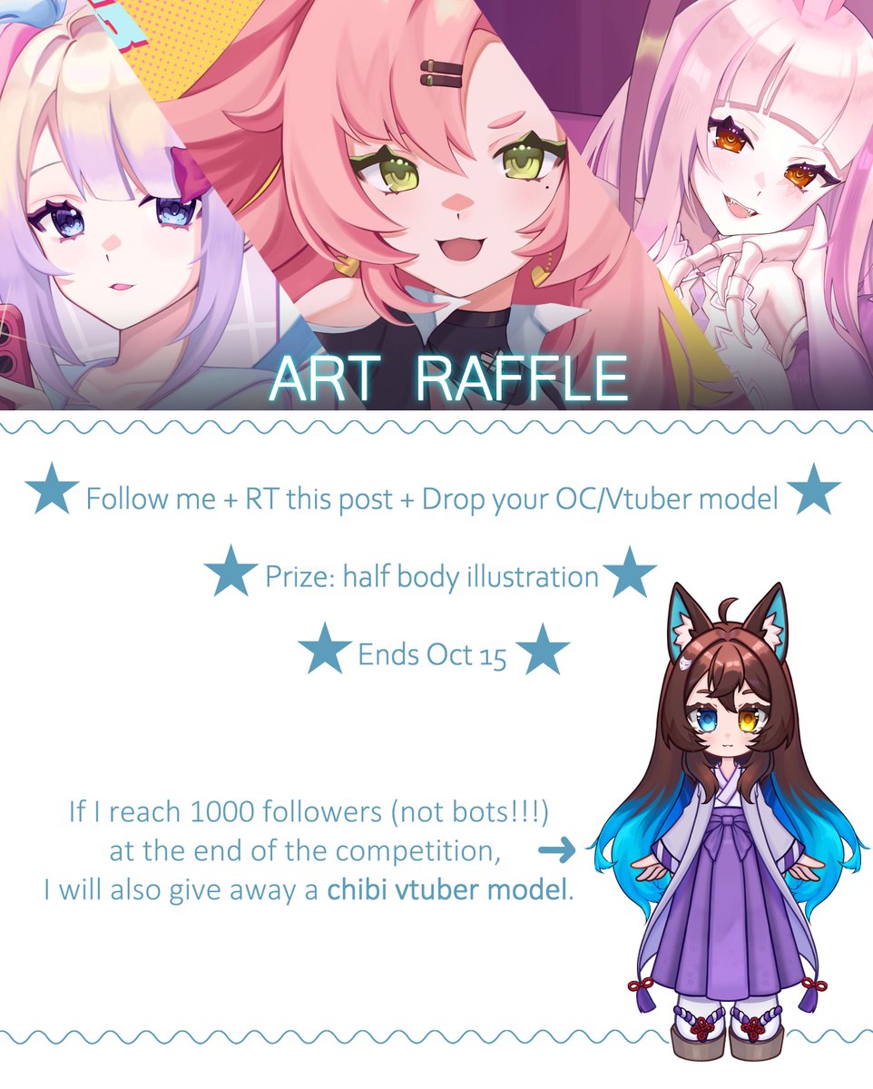mokimioki's tweet image. ♫ART RAFFLE ♫
   to enter : 
• follow 
 • rt this post (no QRT) 
• Drop your OC/model

Prize: 
•1st place - Half body illustration
    OR
from 1000 followers:
•1st place - chibi vtuber model
•2st place - Half body illustration

 ends octiber 15th 
 good luck!!  #artraffle