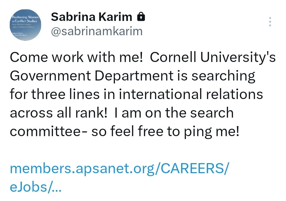 Aura Gonzalez (@auragonzalez_) on Twitter photo Reposting. Cornell is hiring 3 tenure-track IR lines at the assistant, associate, and full level. Contact <a href="/sabrinamkarim/">Sabrina Karim</a>
for more info!
members.apsanet.org/CAREERS/eJobs/… Reposting. Cornell is hiring 3 tenure-track IR lines at the assistant, associate, and full level. Contact <a href="/sabrinamkarim/">Sabrina Karim</a>
for more info!
members.apsanet.org/CAREERS/eJobs/…