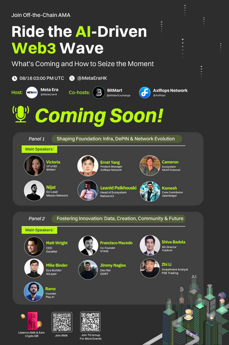 BitMartExchange's tweet photo. 🚨 1-Day Countdown to Our Exciting #AMA! 🚨

🌊 Get Ready To Ride The #AI-Powered #Web3 Wave With Us! Discover The Latest Trends And Learn How To Capitalize On Emerging Opportunities.

💎 100 $USDT #Airdrop for Attendees. Set Your Reminder Now—https://t.co/WTBuMaHr7D 

🎙️ Expert Panelists from Top Projects—@BitMartExchange, @Axlflops, @NEARProtocol, @NetworkMeson, @network3_ai, @OpenledgerHQ, @Gaianet_AI, @stage_community, @PublicAI_, @AILayerXYZ, @oortech, @PSETrading, @playAInetwork

Seize the moment and be part of the future!
