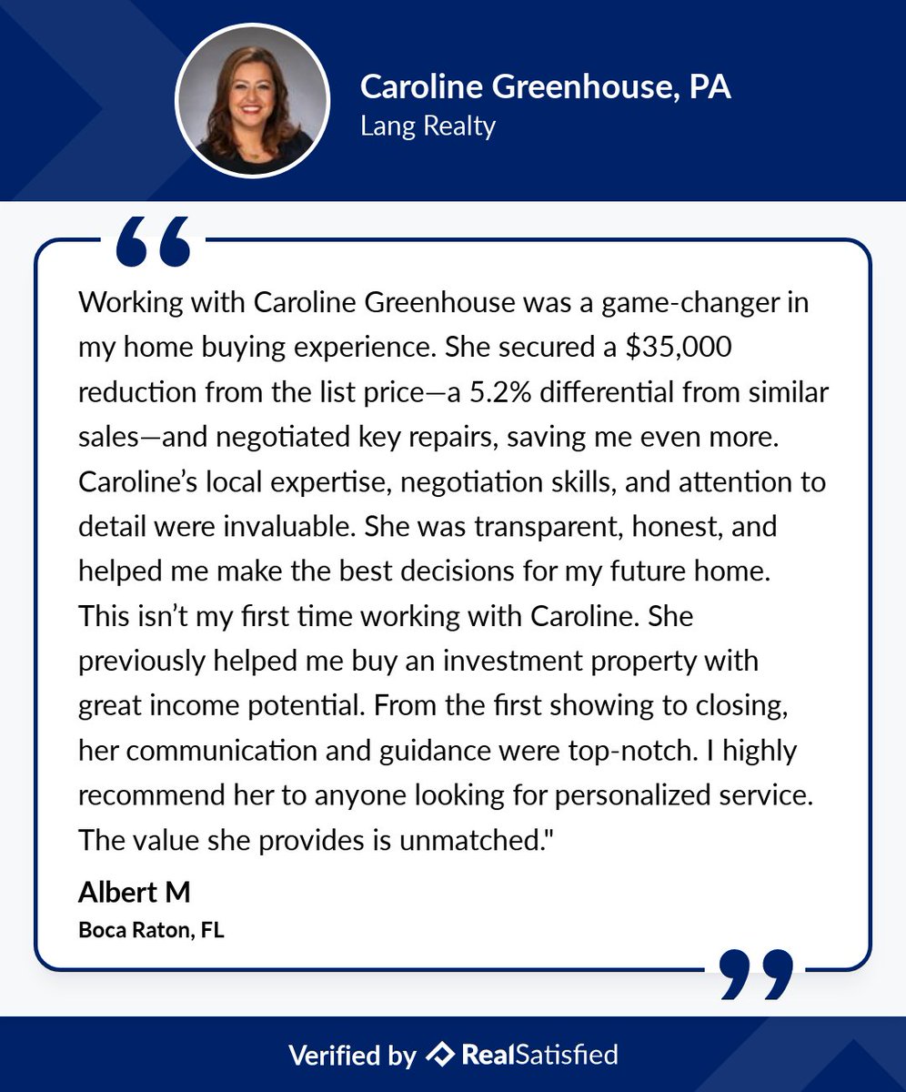 CarolineSellsFL's tweet photo. There’s nothing like a happy client, is there? Thank you, Albert! https://t.co/7MMyc23jjB via @realsatisfied https://t.co/TIOZszvi1Q