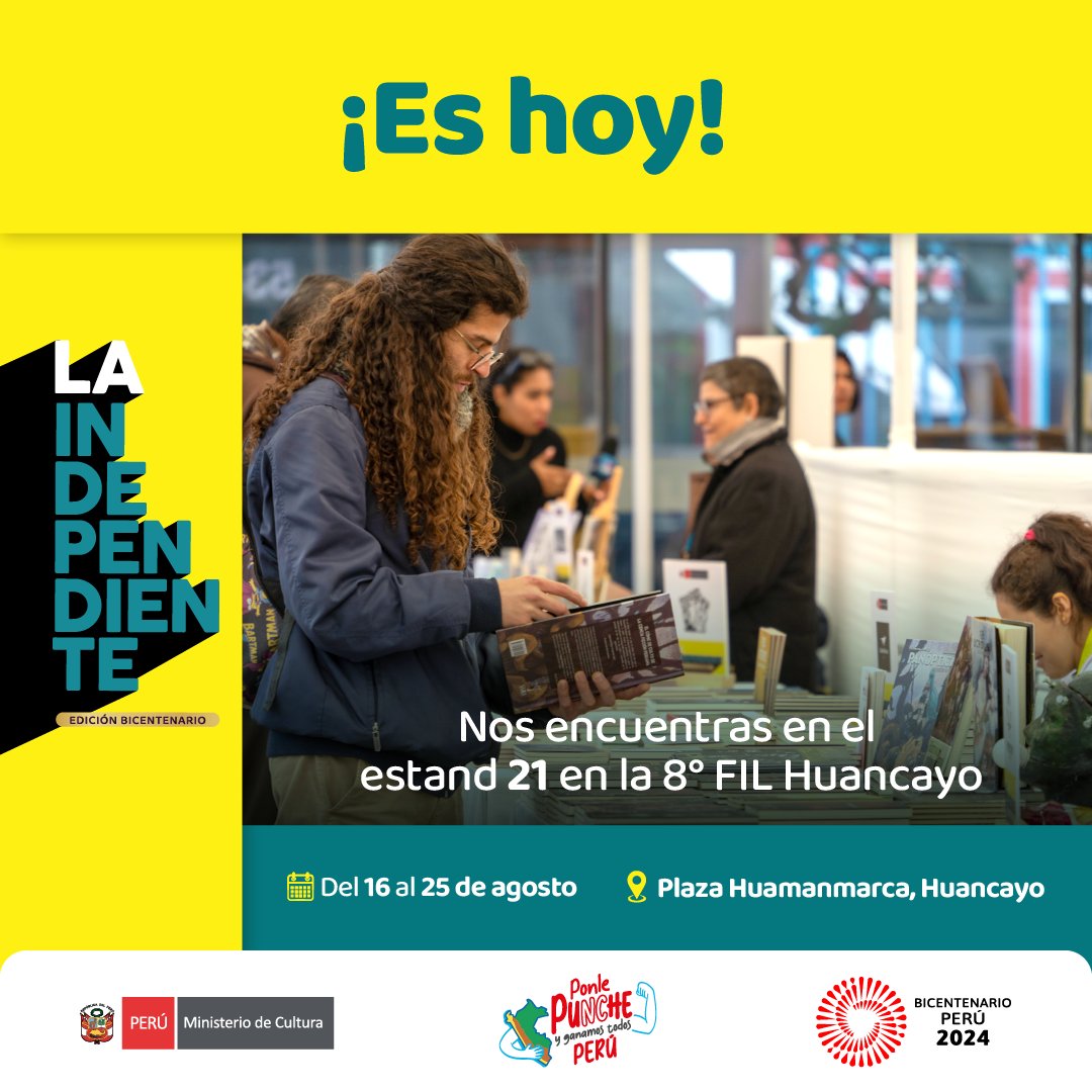 MinCulturaPe's tweet photo. 🫣 ¡Atención, #Huancayo! ¡Desde hoy podrás encontrar la producción nacional de diversas regiones del país en el estand de #LaIndependiente en la 8° Feria Internacional del Libro de Huancayo! 📚🥳

🗓️ Del 16 al 25 de agosto
⏰ De 9:00 a. m. a 8:00 p. m.

#CompraIndependiente https://t.co/QnC79SkkWB