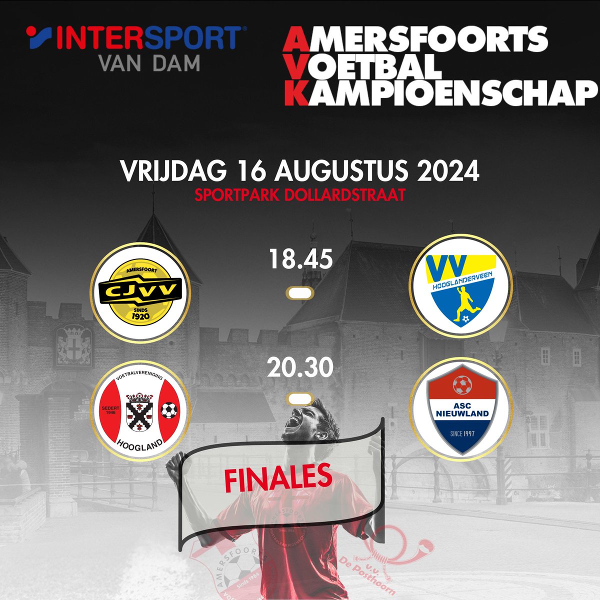 De troostfinale, <a href="/CjvvA/">CJVV Amersfoort</a>  versus <a href="/vvhlv/">vv Hooglanderveen</a>, en de FINALE van het <a href="/isvdam/">𝗜𝗻𝘁𝗲𝗿𝘀𝗽𝗼𝗿𝘁 𝗩𝗮𝗻 𝗗𝗮𝗺</a> #avk033 2024, <a href="/VVHoogland/">VV Hoogland</a> versus <a href="/ascnieuwland/">ASC Nieuwland</a> vanavond vanaf 18.45 uur op het sportpark van #KVVA #Dollardstraat. #strijd 
#debestevanAmersfoort