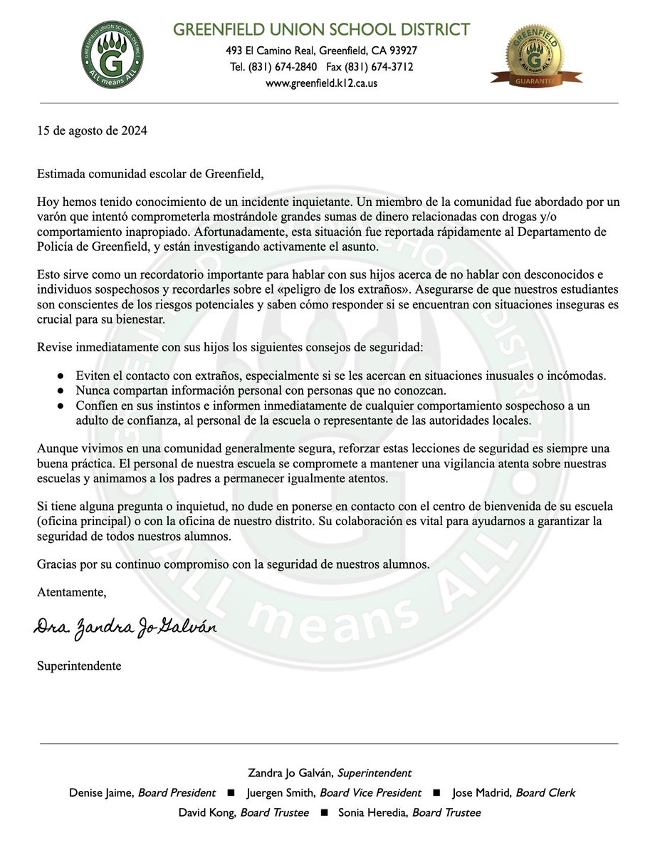 Important Message from Superintendent Galvan - August 15, 2024.
#ALLmeansALL #ProudToBeGUSD #GUSDShines #ThisisGUSD #GreenfieldGuarantee #GusdCultivatesReaders #GUSDReadersShine #CultivatingCuriousity 
Mensaje Importante de Superintendente Galvan - Agosto 15, 2024.
