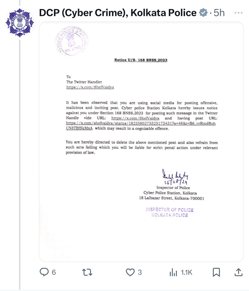 Shefali Vaidya. ๐ฎ๐ณ (@shefvaidya) on Twitter photo Request - Please read through and RT for you agree.
So I got this threatening letter from <a href="/KolkataPolice/">Kolkata Police</a> for merely asking a few questions and for exercising my right of free speech.
This is a clear case of <a href="/MamataOfficial/">Mamata Banerjee</a> administration silencing the voice of private citizens Request - Please read through and RT for you agree.
So I got this threatening letter from <a href="/KolkataPolice/">Kolkata Police</a> for merely asking a few questions and for exercising my right of free speech.
This is a clear case of <a href="/MamataOfficial/">Mamata Banerjee</a> administration silencing the voice of private citizens