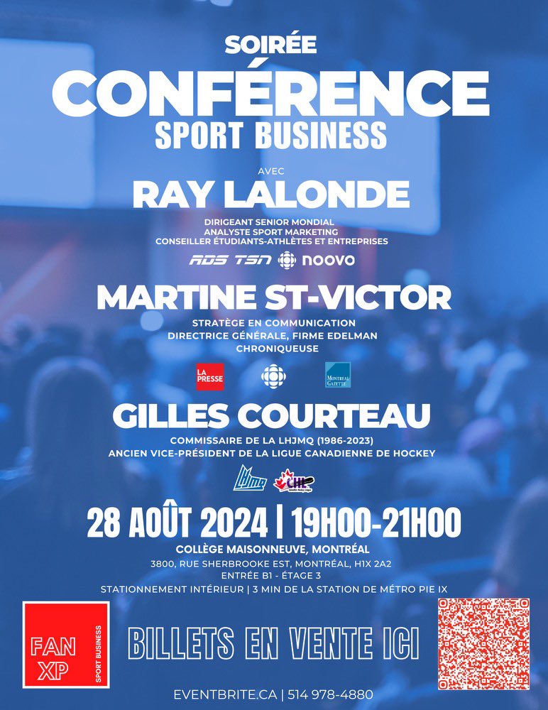 Je vous invite à venir entendre <a href="/gcourteauhockey/">Gilles Courteau</a> <a href="/MartineMontreal/">Martine St-Victor</a>  et moi lors de la soirée Sport Business le 28 août prochain. Si vous aimez le sport et vous êtes intéressés par l’aspect affaires de cette industrie, vous allez en avoir pour votre argent!  eventbrite.ca/e/soiree-confe…