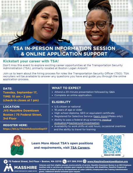 OperationABLE's tweet photo. 🚨 Ready to launch your career with TSA? 
Sign up Sept 17, 10 AM - 2 PM for an in-person info session at 75 Federal St! 
Learn about the hiring process, meet TSA recruiters &amp; get help with your online application. 
Register now: https://t.co/X8E7mCIZZU
#TSAJobs  #OperationABLE https://t.co/dbPbnDHO1J