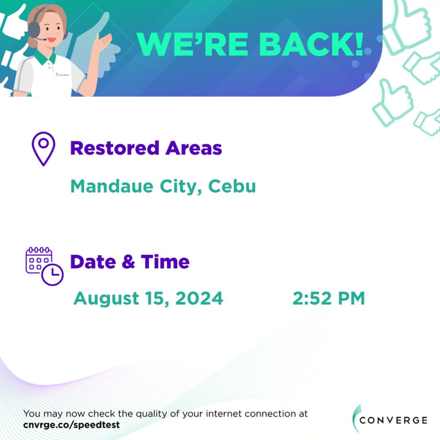 ConvergeSupport's tweet photo. To our valued subscribers:

We are glad to report that our connectivity issues in Mandaue City, Cebu have been resolved. 

You may now check the quality of your internet connection at https://t.co/RdTKUUHK1z.

Please feel free to contact us if you are still experiencing issues with your connection. 

Thank you for your patience and understanding.