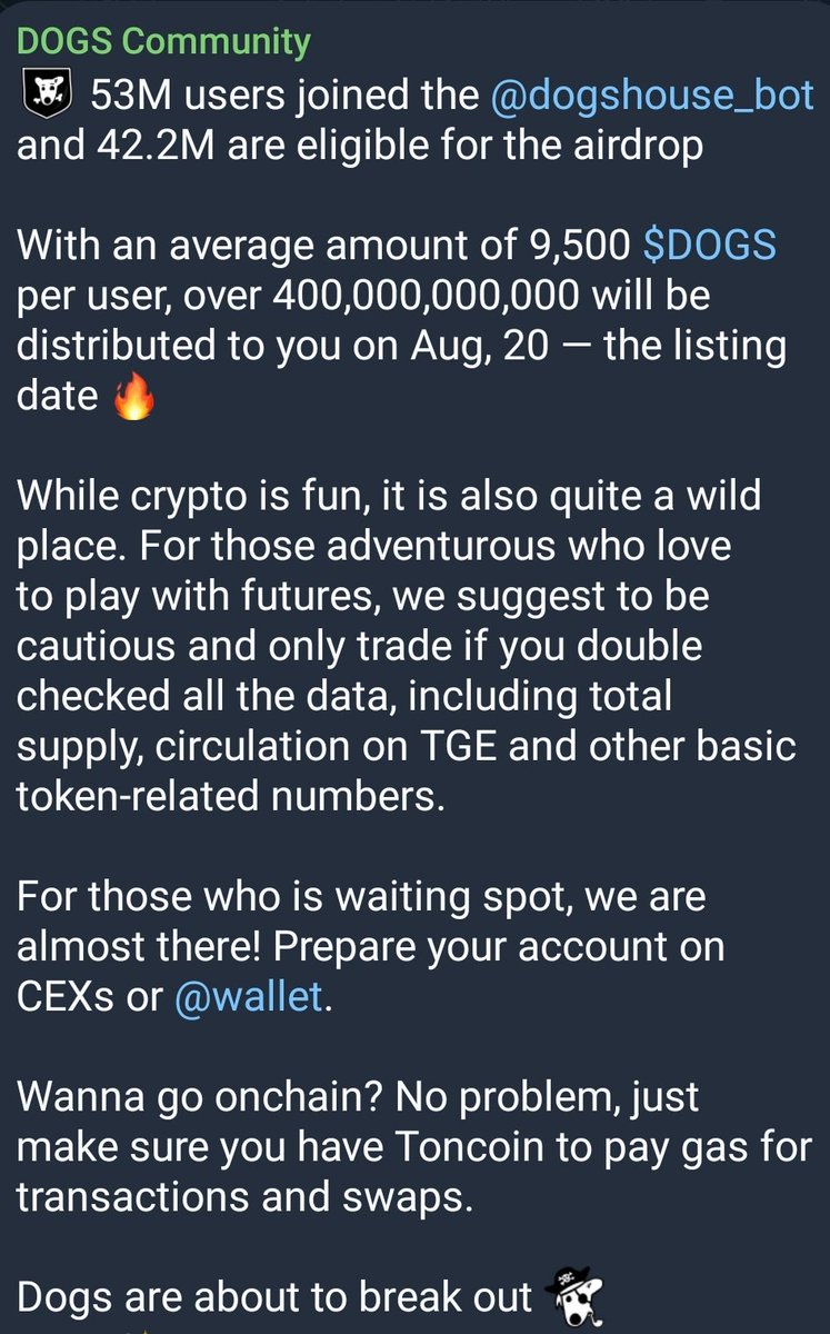 Congratulations to the eligible users.
You will receive an average of 9,500 $DOGS.

Note: We have banned more than 10 million users for cheating.

$DOGS is Unstoppable Now! 🐶🦴🚀

Follow + RT + LIKE if you like $DOGS