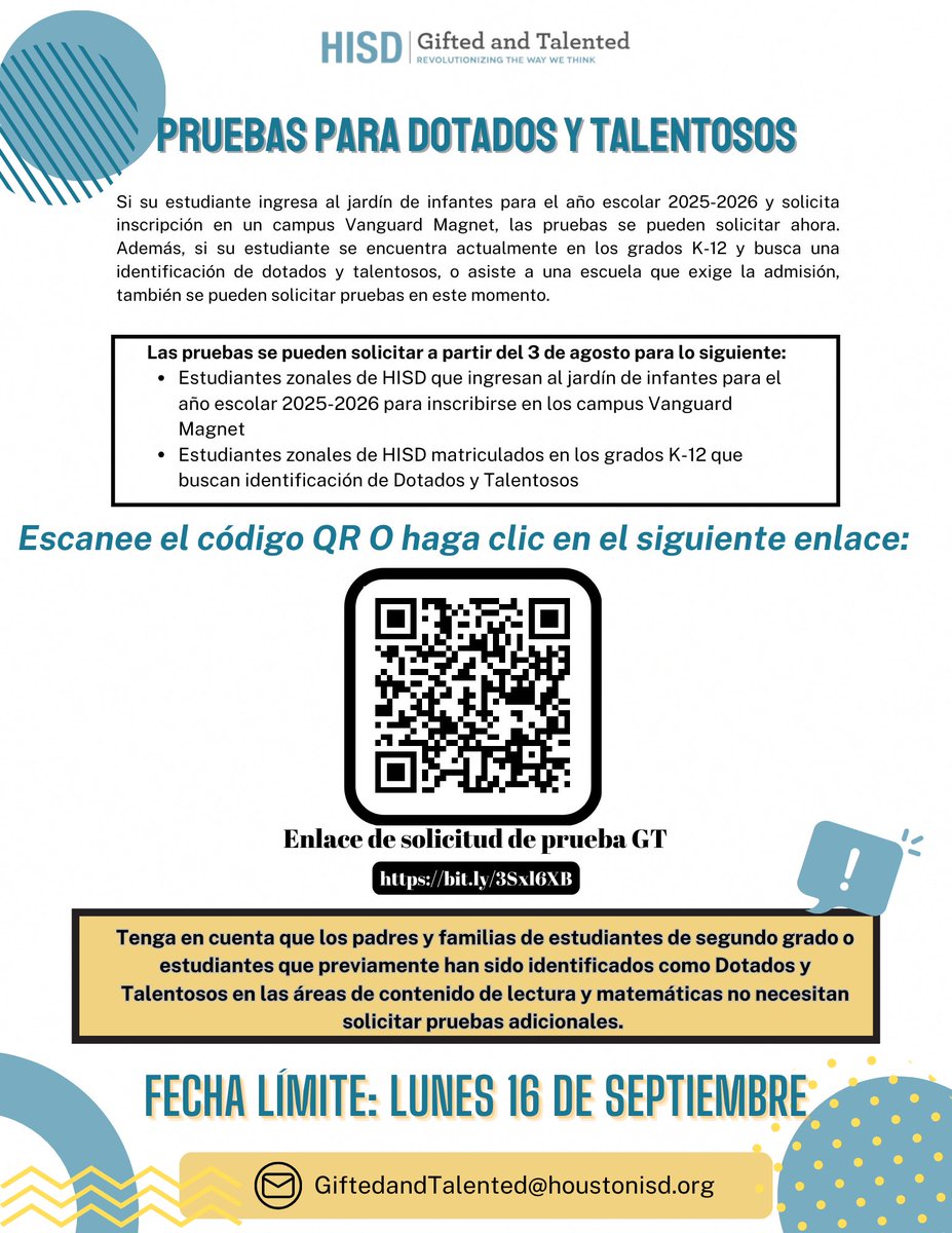 The GT Testing Request Link is open and available to all parents and families.  Please be sure to submit all requests by Monday, September 16, 2024.