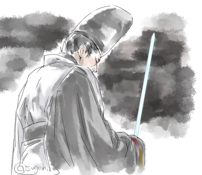作業の合間のrkgk。場面模写ですけど。すべてのアングルが神がかってるんですもの。光を反射する剣の眩さライトセイバーのごとし。 