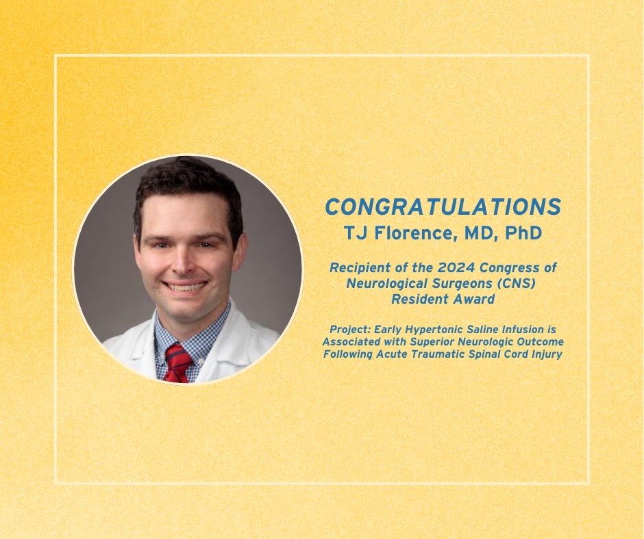 Congratulations to PGY-6 Resident Dr. TJ Florence <a href="/brainbro/">TJ Florence MD PhD</a> for being the recipient of the 2024 <a href="/CNS_Update/">CNS</a> Resident Award! This award is given to an outstanding abstract submitted by a resident for presentation at the CNS Annual Meeting. 
#Neurosurgery #2024CNS