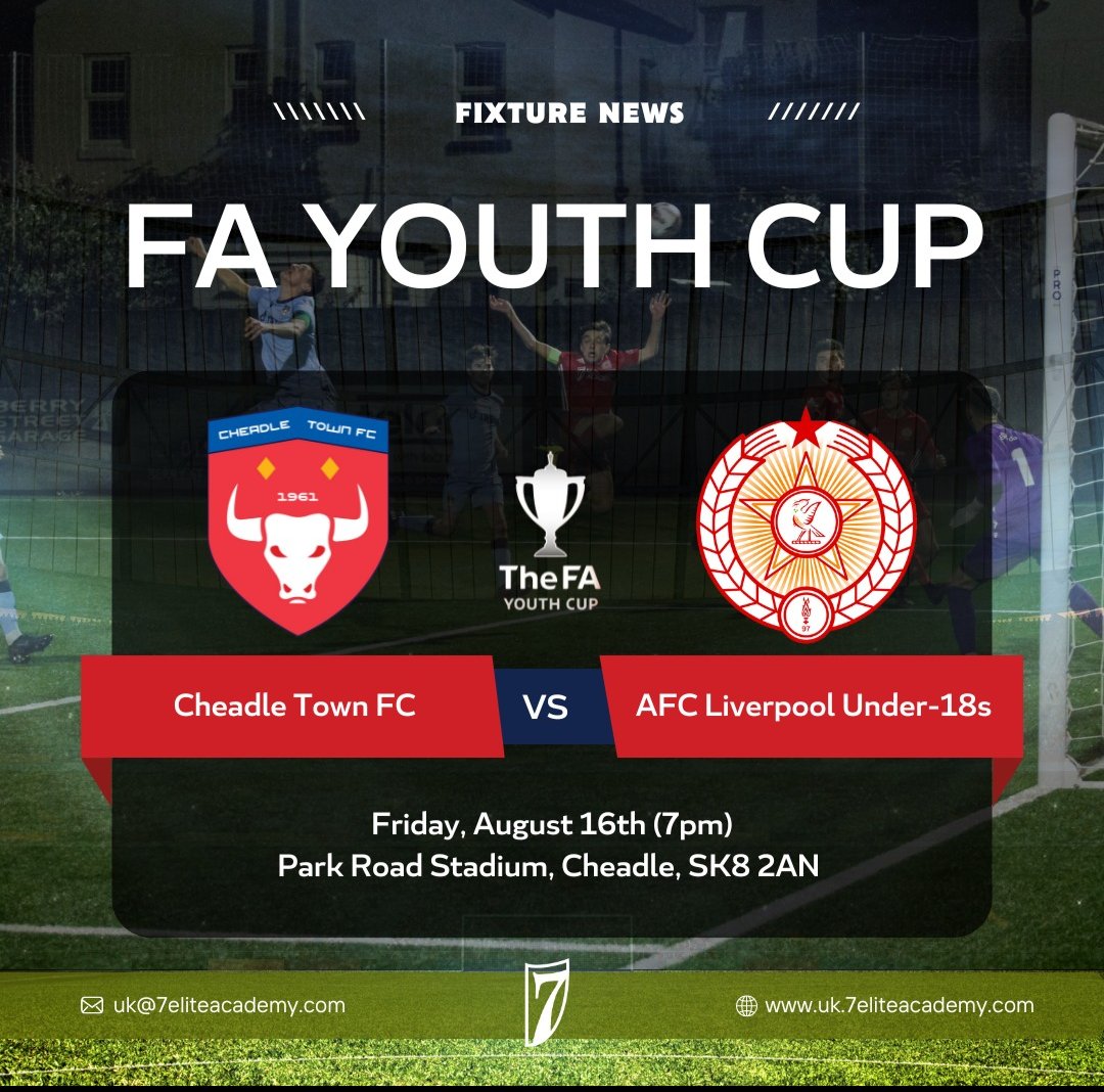 TOMORROW NIGHT!  7PM KO.
Our Under 18s begin their #FAYouthCup campaign with a trip to Cheadle. Let's get a good crowd there to support the lads! #PlayerPathway
<a href="/7EliteAcademyUK/">7 Elite Academy - United Kingdom</a>