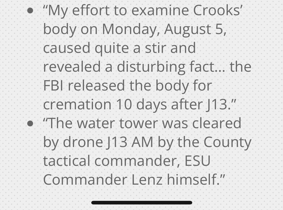 lilitaliangrr's tweet image. The Preliminary Investigative Report on #J13 is interesting, particularly the fact that Crooks’ body was released for cremation 10 days after the incident, and USSS did not retrieve radios that had been set aside by Butler County’s tactical command.

#TrumpAssasinationAttempt