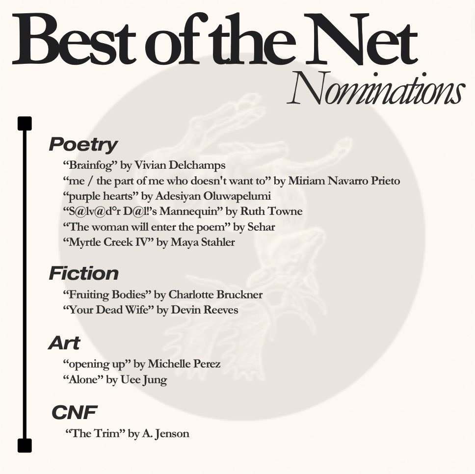 Broken Antler (@brokenantlermag) on Twitter photo Hold the phone—Broken Antler’s Best of the Net noms are in❗️❗️❗️
Join us in congratulating these stellar writers & artists:
<a href="/VivianPhDancer/">Dr. Vivian Delchamps</a>
<a href="/MiriamNavarroPr/">miriam navarro prieto</a>
Ruth Towne
<a href="/ademindpoems/">LUMInescence</a>
<a href="/Seherism/">Sehar (سحر)</a>
@MayaStahler
Charlotte Bruckner
<a href="/devinreeves02/">Devin</a>
Michelle Perez
Uee Jung
A. Jenson Hold the phone—Broken Antler’s Best of the Net noms are in❗️❗️❗️
Join us in congratulating these stellar writers & artists:
<a href="/VivianPhDancer/">Dr. Vivian Delchamps</a>
<a href="/MiriamNavarroPr/">miriam navarro prieto</a>
Ruth Towne
<a href="/ademindpoems/">LUMInescence</a>
<a href="/Seherism/">Sehar (سحر)</a>
@MayaStahler
Charlotte Bruckner
<a href="/devinreeves02/">Devin</a>
Michelle Perez
Uee Jung
A. Jenson