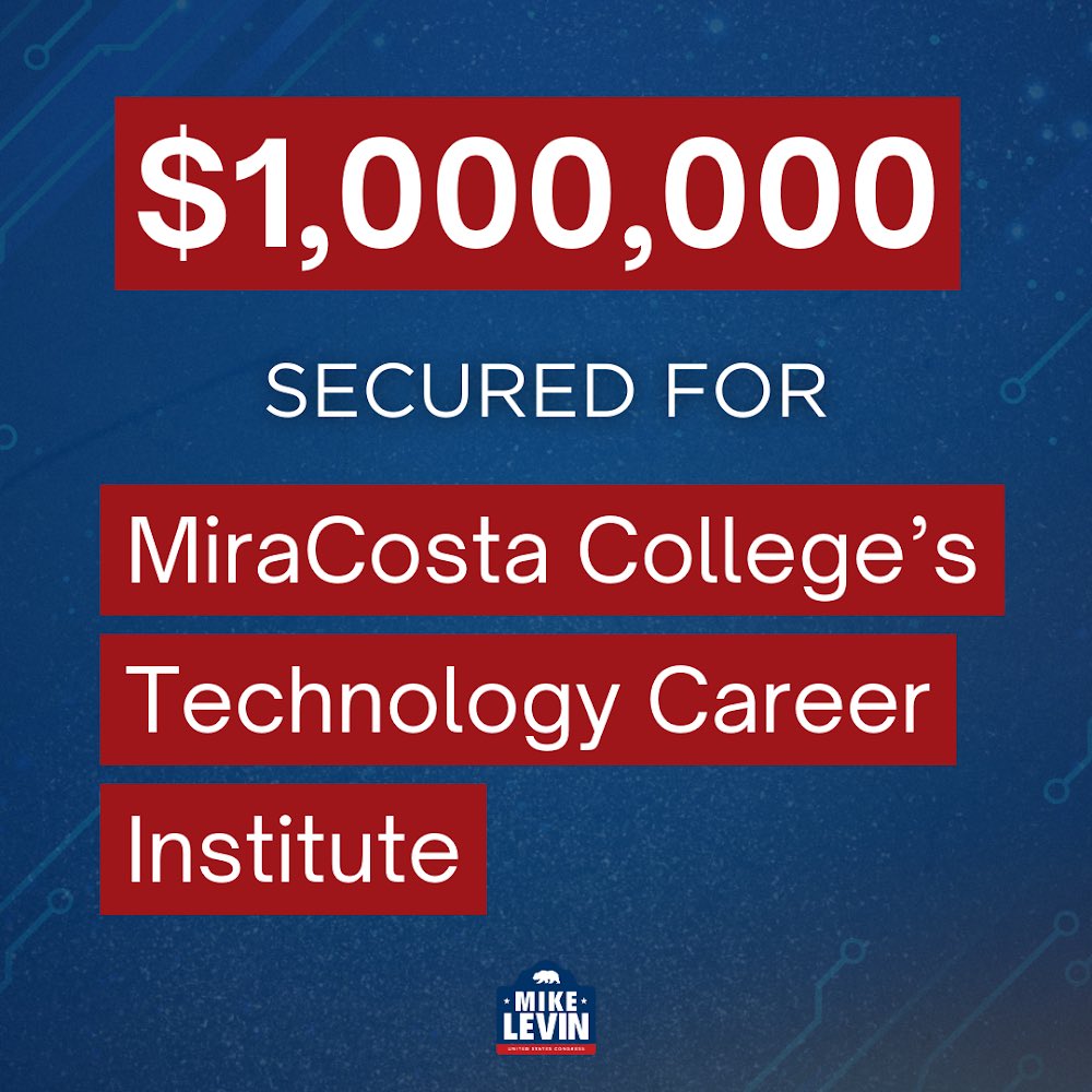 MikeLevin's tweet photo. Proud to have secured $1 million dollars in federal funding to train over 400 local students in career skills for the competitive workforce. #FundingWin
https://t.co/evLGOYmVRG https://t.co/dzJBFua5L5