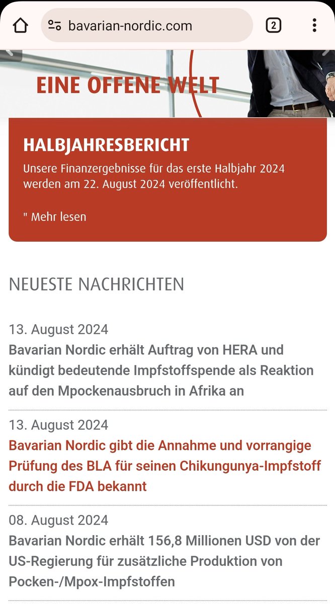 Hoppala, am 08.08.2024 hat Bavarian Nordic mickrige 156.8 Millionen USD von der US-Regierung für zusätzliche Produktion von Pocken-/Mpox-Impfstoffen bekommen.

bavarian-nordic.com