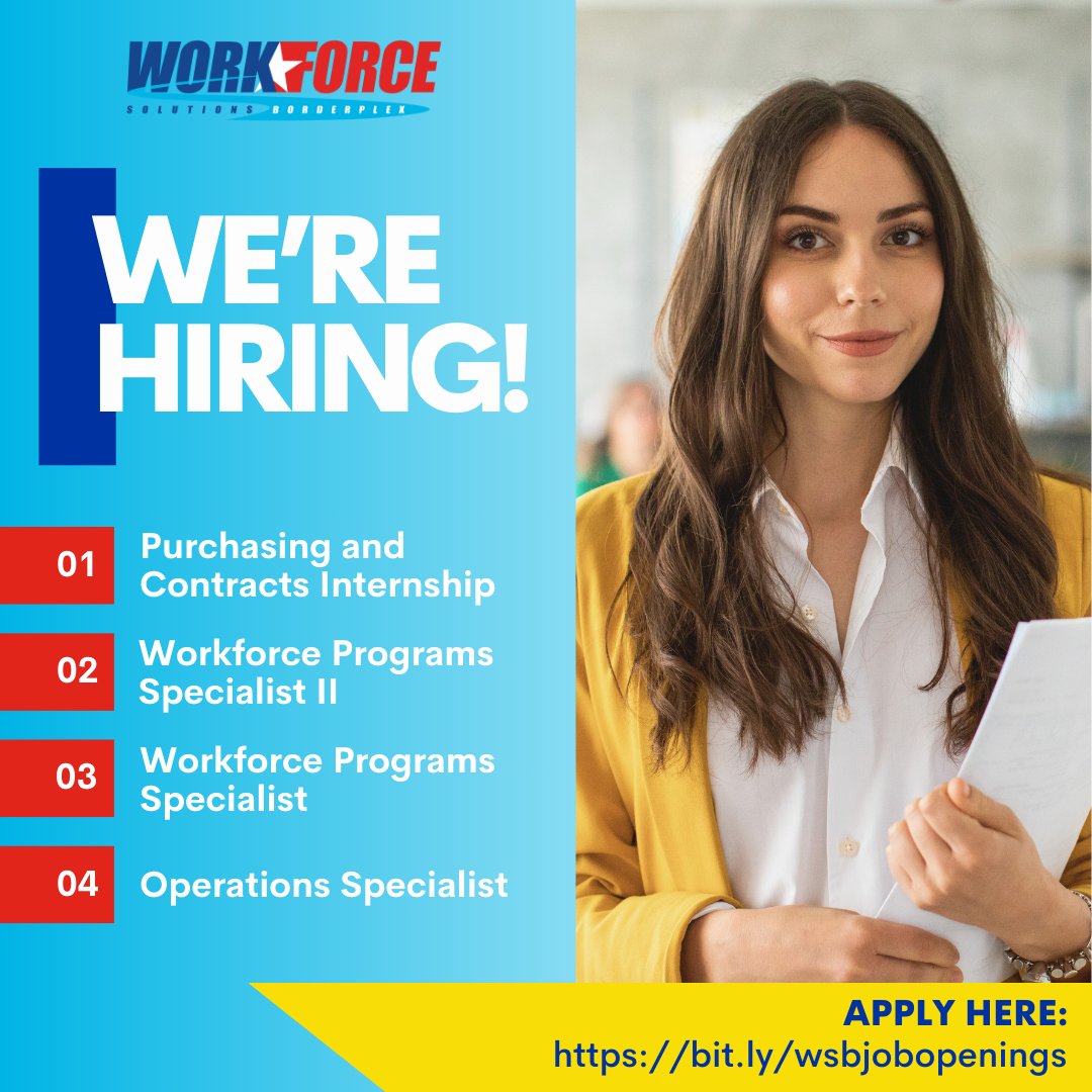 Join our team at WSB! Apply here: bit.ly/wsbjobopenings
1️⃣ Purchasing and Contracts Internship
2️⃣ Workforce Project Specialist II
3️⃣ Workforce Programs Specialist
4️⃣ Operations Specialist
 #WSBJobs #HiringNow #JobOpening #NowHiring #CareerOpportunity #JobOpportunity