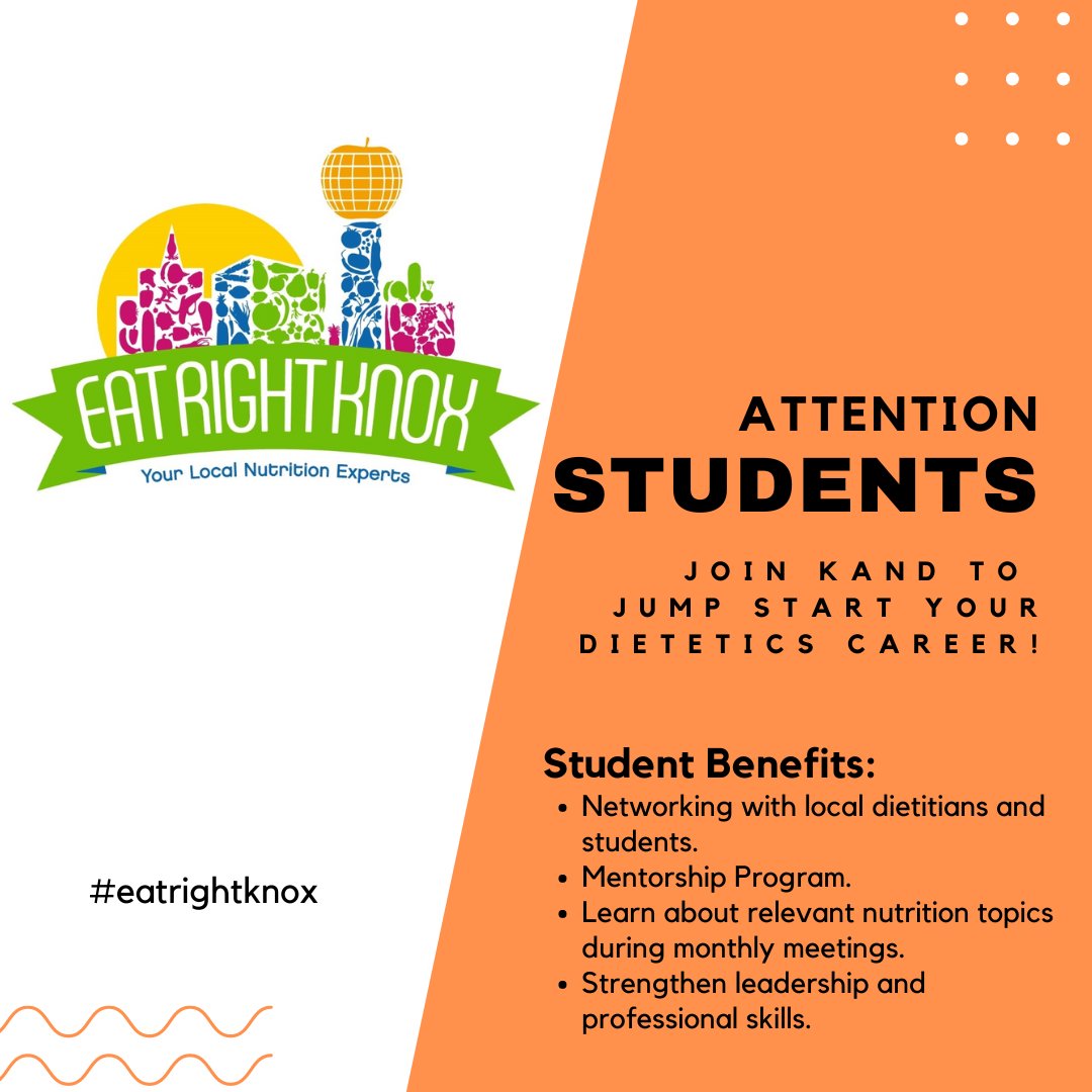 Calling all dietetic and nutrition students! Ready to level up your nutrition career? Join KAND for exclusive networking, hands-on mentoring, and career-boosting opportunities—all for just $10! Join today: eatrightknox.org/join-kand/

#eatrightknox #NutritionStudents #KAND #joinus