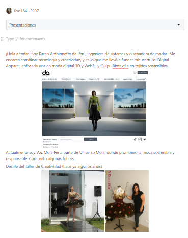 KarenHonorio1's tweet photo. Hola! Aquí me presento para quienes aún no me conocen. Soy Karen apasionada por la tecnología y la moda! Busco crear soluciones innovadoras y de quinto impacto que fusionen ambos mundos @HiWomenbiz @StellarOrg #Web3 #ModaDigital #Sostenibilidad #VozMolaPerú #UniversoMola https://t.co/o7SYyZIhm2