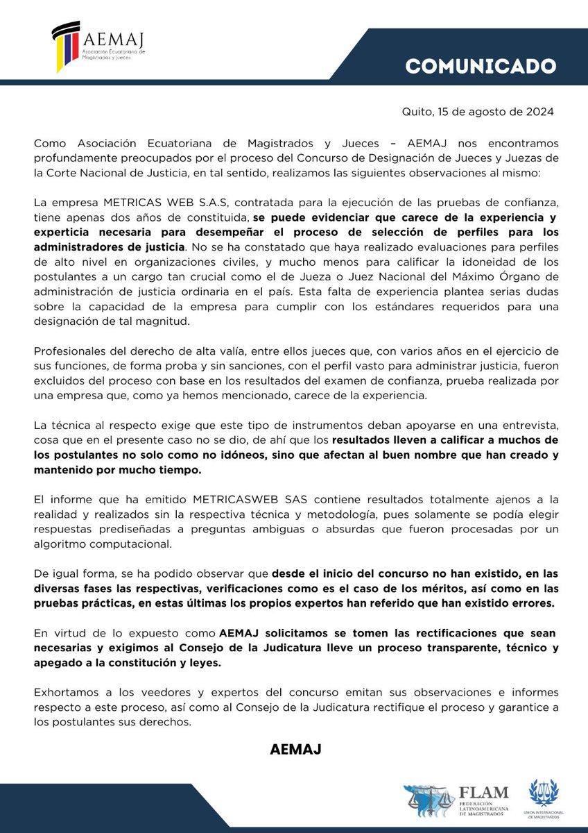#AEMAJenAcción 📄 La <a href="/AsoJuecesEc/">Aso. Jueces - Ecuador - AEMAJ</a> realiza las siguiente observaciones y emite el presente comunicado respecto al Concurso de Jueces de la <a href="/CorteNacional/">Corte Nacional de Justicia</a>. Además, exhorta al <a href="/CJudicaturaEc/">Consejo de la Judicatura</a> a que se tomen las rectificaciones necesarias, a fin de llevar un proceso transparente