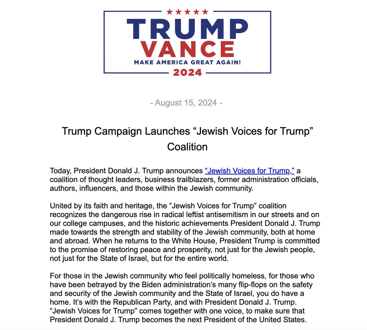 jacobkornbluh's tweet photo. 🚨INBOX: The Trump campaign announces the launch of the “Jewish Voices for Trump” coalition. 

The group includes former Trump administration officials, authors and GOP operatives. 

They have a recruiting page on Trump's campaign website https://t.co/O6535ClCmm https://t.co/P0nX2u537u