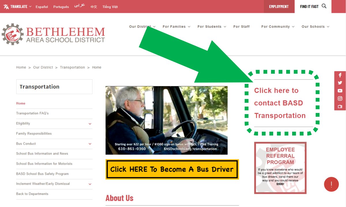 Need to contact the <a href="/BethlehemAreaSD/">BASD</a> Transportation Department?  Use this convenient link on the district website to submit your questions.  Responses are generally answered within 1 work day - often much sooner.  app.transpargroup.com/community/basd…