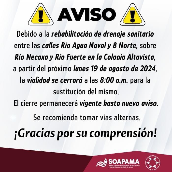 HechosdeAtlixco's tweet photo. ▶️ ‼️ATENCIÓN ‼️
💧 Debido a la rehabilitación de drenaje sanitario entre las calles Río Agua Naval y Calle 8 Norte, sobre Río Necaxa y Río Fuerte en la Col. Altavista, a partir del lunes 19 de agosto, la vialidad se cerrará a las ⏰ 8:00 a.m. para la sustitución del mismo. https://t.co/PbuXz33gdH