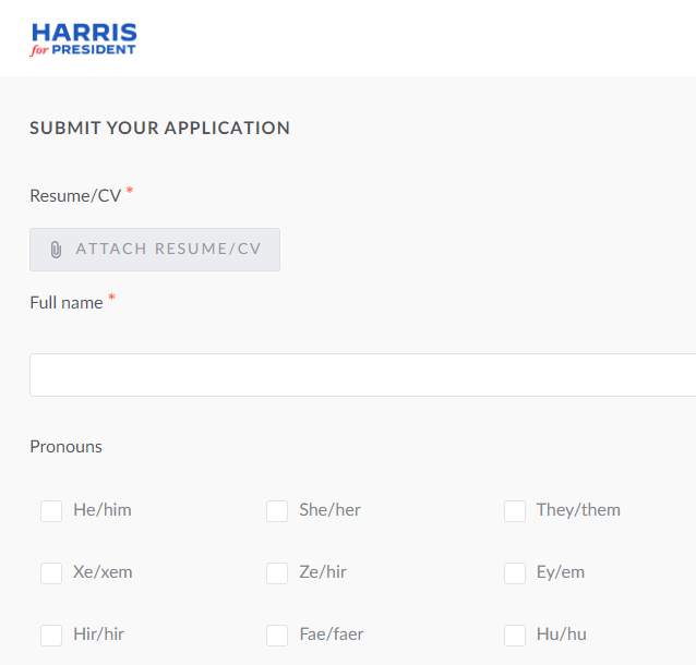No this isn't parody. This is actually what pops up if you apply for a job with the Harris campaign.