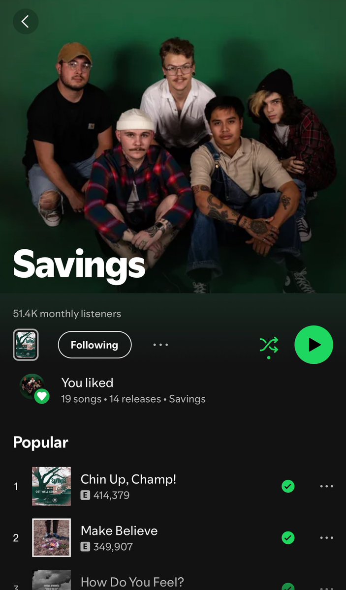 Savingsband's tweet photo. Once again numbers do not matter at all, but we broke 50k on @Spotify and we’ve had more people listening to our silly lil band now than we ever have. I sound like a broken record, but genuinely thanks for being here we can’t say it enough. 
HDYF? OUT NOW 
https://t.co/7zrSMFCvUN https://t.co/OquRu0qRGh