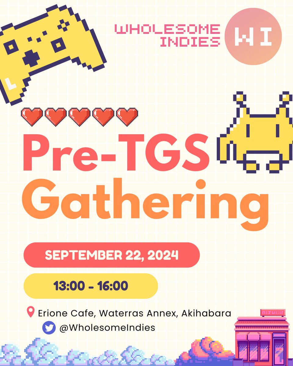 With Tokyo Game Show right around the corner, we wanted to make our monthly Wholesome Indies gathering the weekend before TGS so that everyone in town for TGS can join the event!
📅Sun, September 22nd
⏰13:00-16:00
📍Erione Cafe, Ochanomizu(Near Akihabara)
facebook.com/events/1220608…