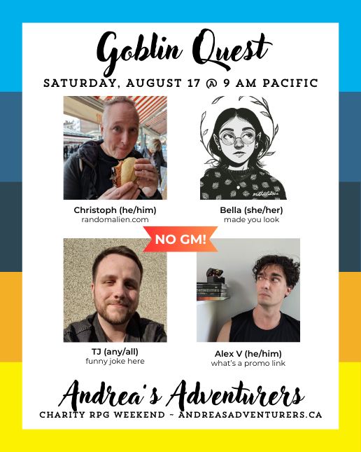 Are you ready for a cancer busting charity stream?! Andreas Adventurers starts tomorrow at 4.30 pm PDT! Join me on Saturday morning at 9am for some goblin chaos!!

#dnd #dungeonsanddragons #ttrpgs #tabletopgames #tabletoprpg #rpg #dnd5e #charitystream #andreasadventurers