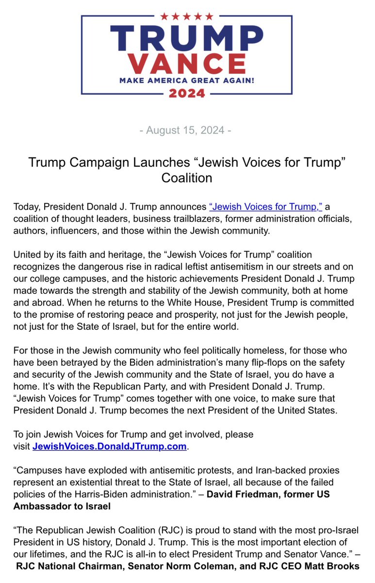 RJC's tweet photo. .@RJC is proud to stand with the most pro-Israel President in US history, Donald J. Trump. 

As antisemitism spikes to record highs and the US-Israel relationship reaches new lows, due to the weakness and incompetence of the Biden-Harris administration, this is a critical moment for the American Jewish community. 

We are more energized than ever to help elect President Donald Trump and Senator JD Vance to rebuild the US-Israel alliance, to restore law and order, and combat the rising tide of antisemitism so that Jewish Americans can wear a kippah and walk the streets without fear, and Jewish college students can safely go to class. 

This is the most important election of our lifetimes, and the RJC is all-in to support President Trump.