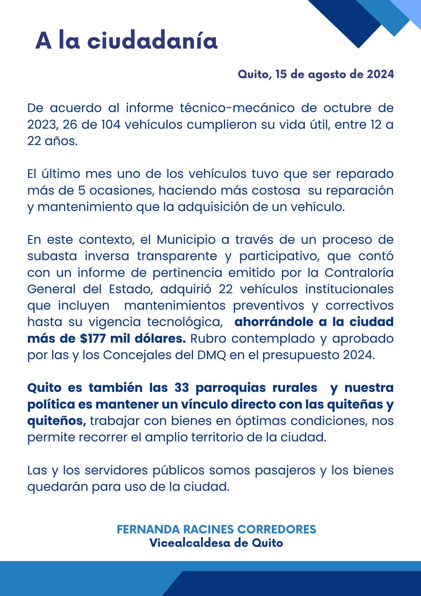 jpjaramillo25's tweet photo. El tema es que en Ecuador de todo hacen politiquería.

Mira el triste rol del Concejal @WilsonMerinoR solicitando hace un año una camioneta doble cabina nueva para su despacho. 

La realidad es que lo de los vehículos era una compra programada y le ahorro dinero a la ciudad. https://t.co/UfCTI8moer