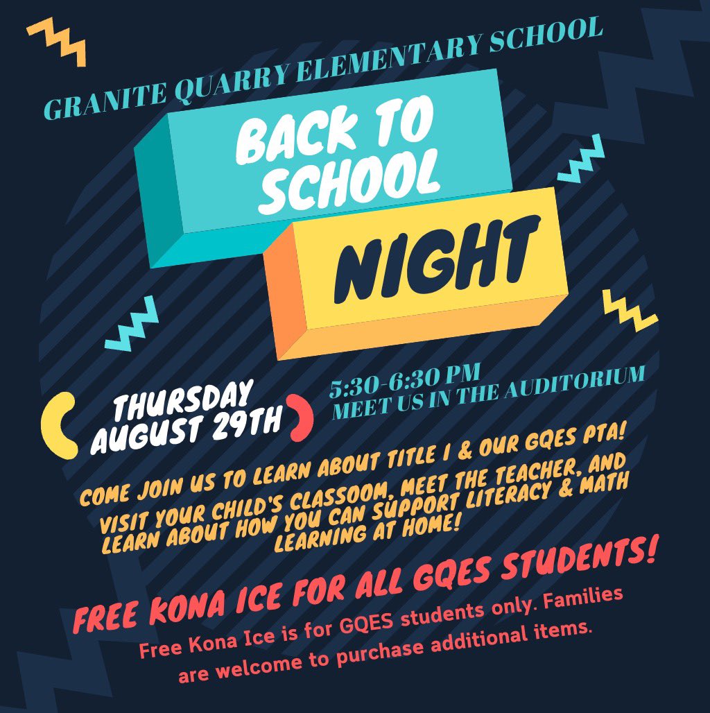 Save the date, Dragons! Join us for our Title I/GQES PTA Back to School Night on Thursday, August 29th!

Kona Ice will be at GQES ... and ALL students get a free icee! *free icees are for GQES students only

We can't wait to see you there!

#DragonsROAR