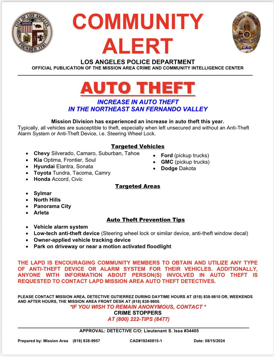 COMMUNITY ALERT

There has been an increase in Auto Theft in Mission Division. Our Officers and Auto Detectives are working hard to combat the issue. 

Here is some information and tips to diminish your chances of becoming a victim.