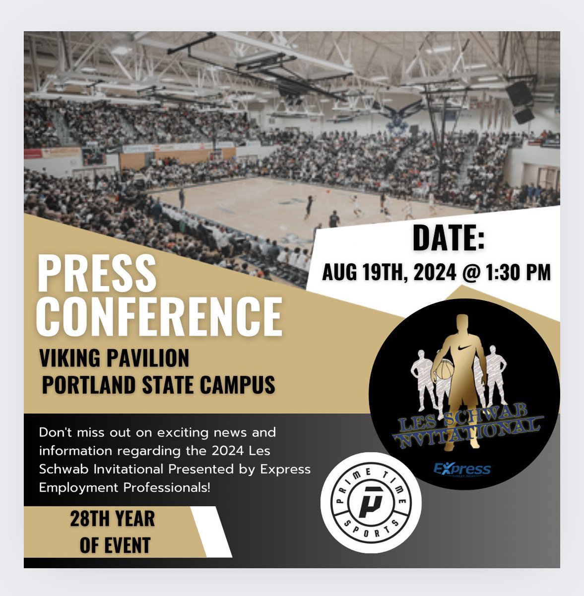 LSInvitational's tweet image. Join Prime Time Sports for a Press Conference with news, Q&amp;amp;A, and exciting announcements for the 2024 Les Schwab Invitational Presented by Express Employment Professionals‼️ Media is welcome and encouraged to come find out about the 28th annual event 🏆 💍 🏀 #LSI