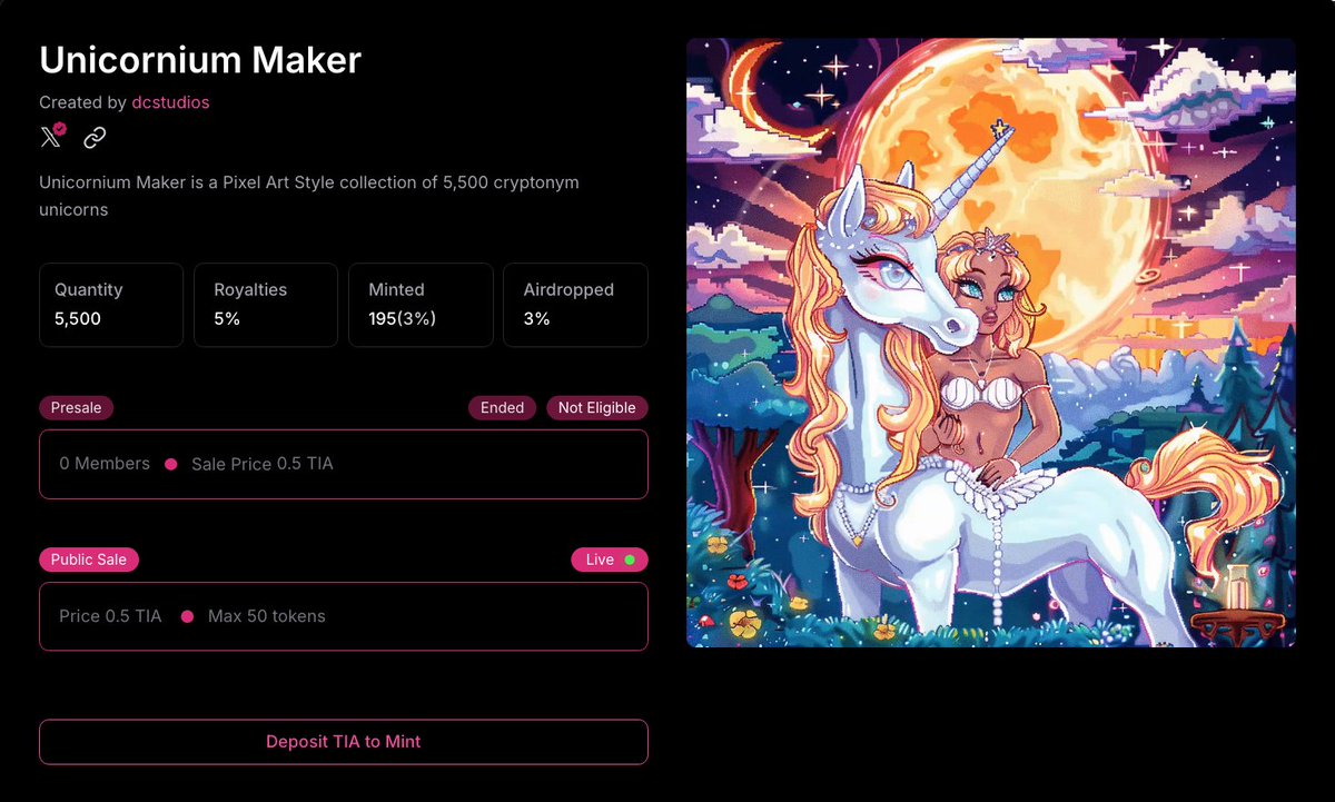 STUCKINNFTHELP's tweet photo. Unicornium Maker minting on @StargazeZone✨🦄
Mint Price: 0.5 $TIA
Supply: 5,500
Royalties: 5%
🦄 https://t.co/Dly8x96uhJ 🦄
#unicorn #cryptonym #tia #stars #nft https://t.co/sgmZRxspa0