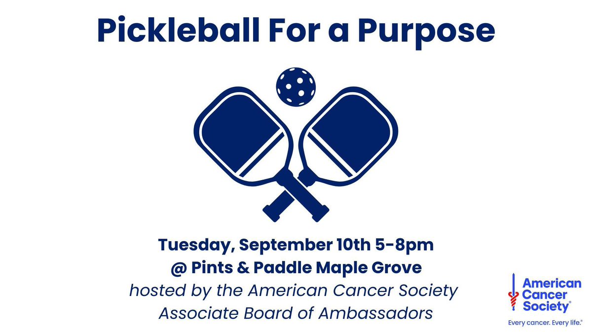 jenn patrice (3am edition) (@jennpatrice12) on Twitter photo Love pickleball & HATE cancer?
I have just the event for you!
@ACS_Minnesota’s Associate Board of Ambassadors is hosting Pickleball for a Purpose at <a href="/pintsandpaddle/">Pints & Paddle</a> Maple Grove.
All proceeds go toward the fight against cancer!
🎟️ Get your ticket TODAY: e.givesmart.com/events/Dpt/?is… Love pickleball & HATE cancer?
I have just the event for you!
@ACS_Minnesota’s Associate Board of Ambassadors is hosting Pickleball for a Purpose at <a href="/pintsandpaddle/">Pints & Paddle</a> Maple Grove.
All proceeds go toward the fight against cancer!
🎟️ Get your ticket TODAY: e.givesmart.com/events/Dpt/?is…