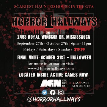 Horror Hallways (@horrorhallways) on Twitter photo Horror Hallways Haunted House is returning for the 2024 season , this time located inside of <a href="/ActiveGamesNow/">Active Games Now</a> at 2463 Royal Windsor Drive, Mississauga!
Get ready for heart pounding scares! 😈
More info at HorrorHallways.com Horror Hallways Haunted House is returning for the 2024 season , this time located inside of <a href="/ActiveGamesNow/">Active Games Now</a> at 2463 Royal Windsor Drive, Mississauga!
Get ready for heart pounding scares! 😈
More info at HorrorHallways.com