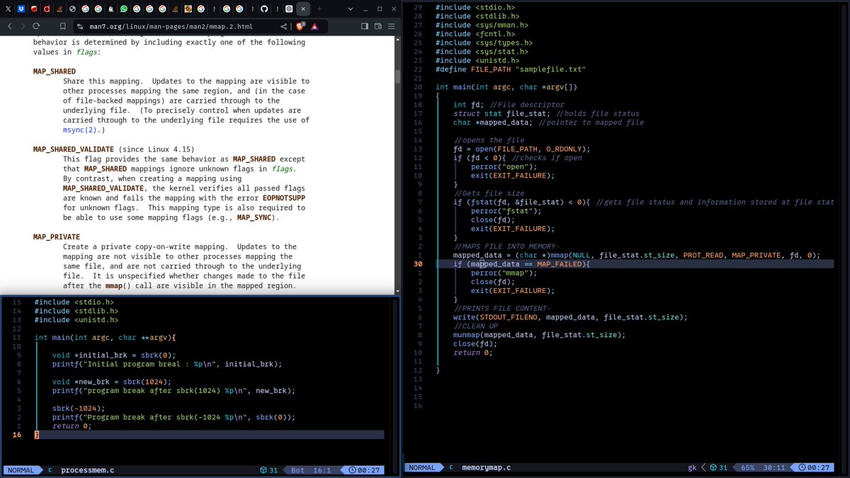 mu_chrinovic's tweet image. Daily #LowLevelProgramming grind
Started reading on Memory . Really interesting stuff !!
Read on Linux Process memory & Heap regions
brk & sbrk syscalls
Memory Alignment, Bus errors , Segmentation faults , errno.
Memory Management Unit.
Memory mapping & mmap syscall.