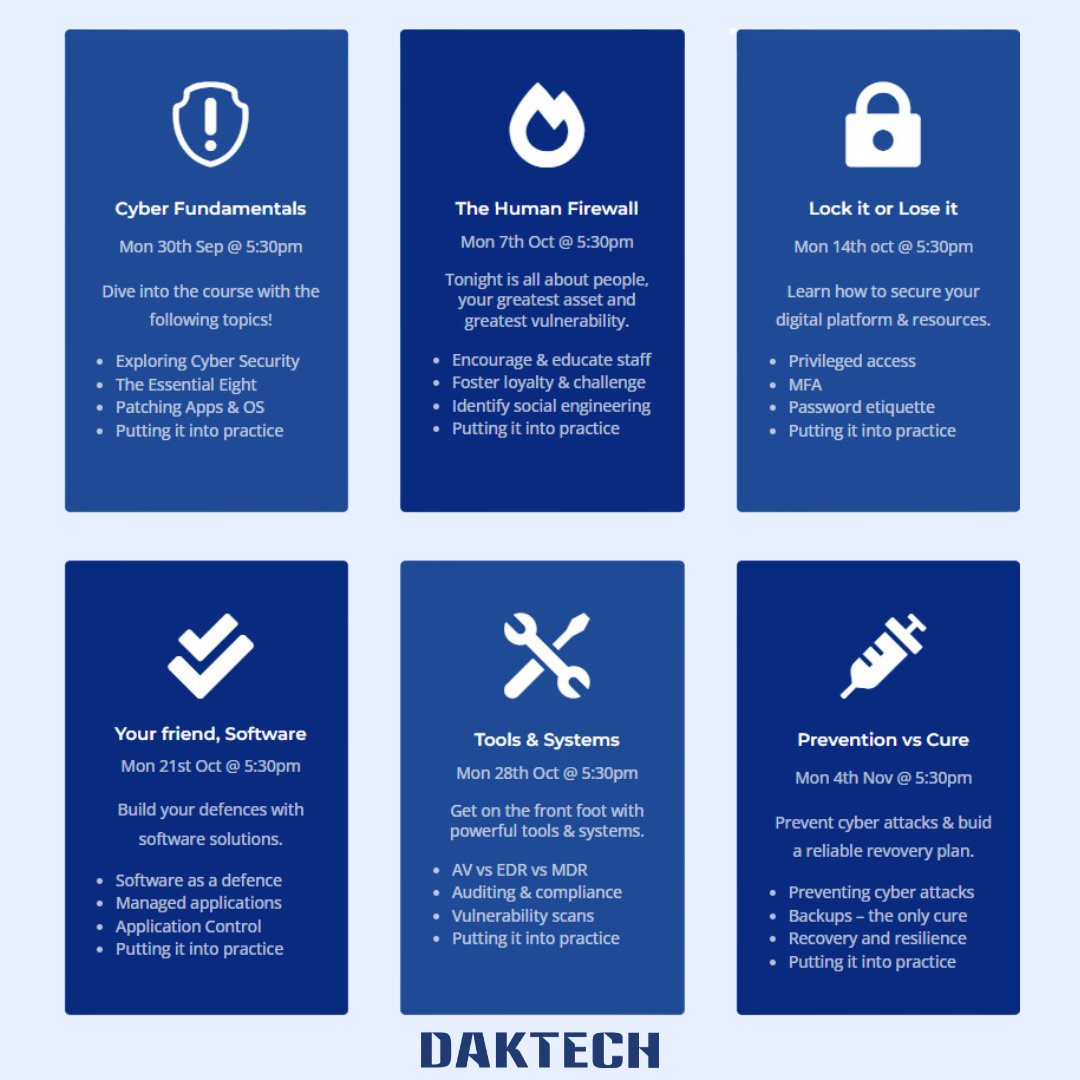 DaktechA's tweet photo. 🚨 Join DakTech's six-week cybersecurity workshop that will discuss these six topics! This is a great opportunity to invest in improving your business's cybersecurity.
Secure your spot today 🎟️ https://t.co/CH8DYhuwSQ
#daktech #cybersecurityworkshop #essentialeight #workshop https://t.co/niCV0Lovad