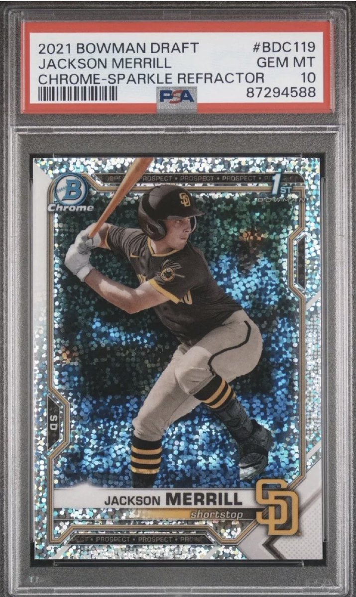 kevins_cards's tweet photo. Got some cards back from PSA. Was nice to see this Jackson Merrill 1st Sparkle Refractor come back as a 10!! @CardPurchaser https://t.co/WvRlRqMX4H