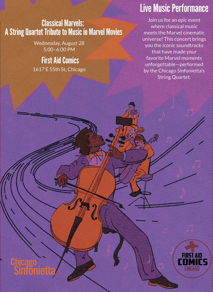 FIRSTAIDCOMICS's tweet image. Join the #ChicagoSinfonietta and #FirstAidComics for an epic event where symphonic music meets the Marvel cinematic universe! 🎬✨ This live mini-concert brings you the iconic soundtracks that have made your favorite Marvel moments unforgettable