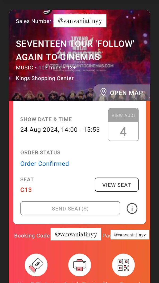 vanvaniatinyy's tweet photo. HELP RT JUSEYOOO!
[WTS/WTT] SEVENTEEN TOUR FOLLOW AGAIN TO CINEMA 
📍Kings Shopping Centre, Bandung
🗓️ 24 Agustus 2024, 14.00 - 15.53 WIB
SEAT : C13
PRICE : 180K ((BISA NEGO))
Ga bisa nonton krn bentrok acara lain. Mau trade tiket juga boleh bgtt, rep/dm aja ya 🫶🏻
#wts #seventeen https://t.co/6u9Q2BP9rk