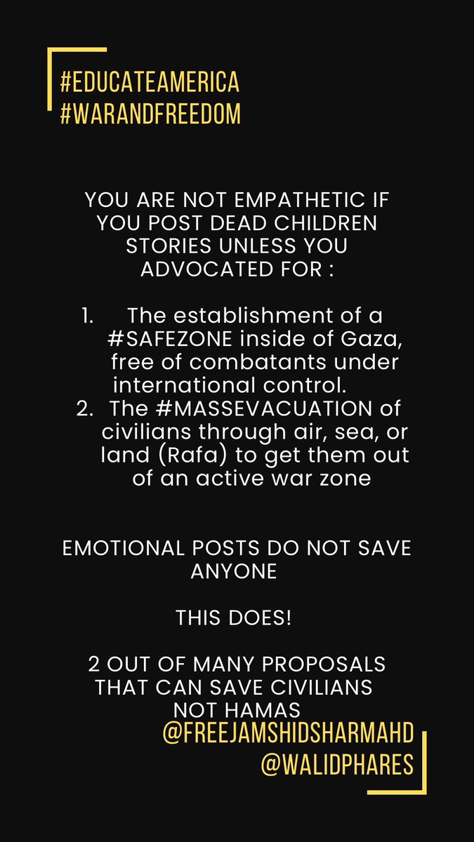 GazelleSharmahd's tweet photo. Once you have gained public attention for a human rights situation you have to ask yourself, what is it you want the world to do about it?
The Iranian diaspora like many others always include political demands such as enforce #Sanctions, #TerrorList, stop releasing funds and more.
Without a proposal are you just using their pain and misery to instill hate and blame? Will the hate save civilians?
If it’s not hate and blame why is there no call to action, no strategy, no proposal on HOW TO SAVE the civilians you claim to care about?
2 ways to save civilians in an active war zone are the establishment of a #SafeZone and #MassEvacuation, which we published through #EducateAmerica months ago. Why do your “death-posts” not focus on your strategy of saving civilians?
2/3