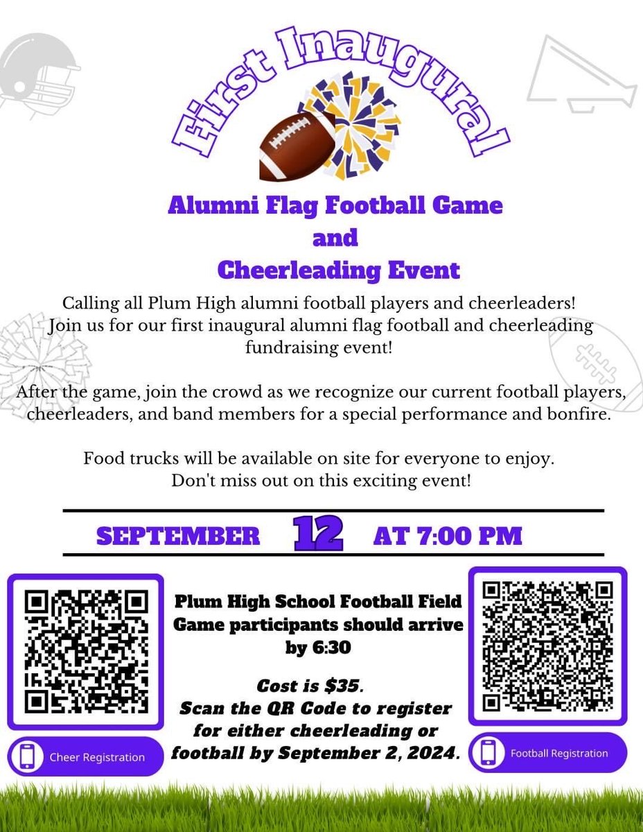PlumAthletics's tweet photo. For any alumni football or cheerleaders that are interested in this new event!

⁦@plumboroughsd⁩ ⁦@plum_cheer⁩ https://t.co/l18sNP69BJ