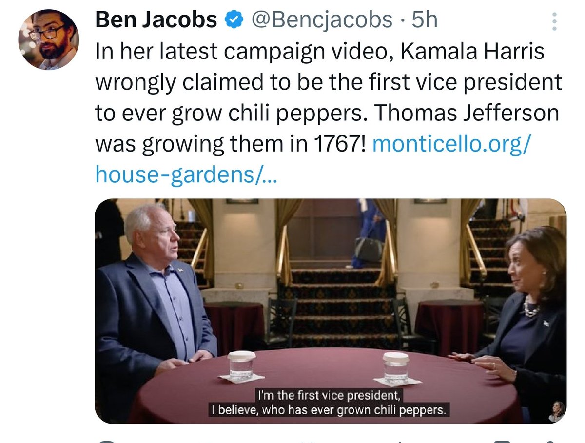 "Why won't VP Harris sit down for an interview?"

Someone please explain to this goofy nincompoop that Jefferson didn't grow shit, but it was the people who he enslaved that were doing the growing.