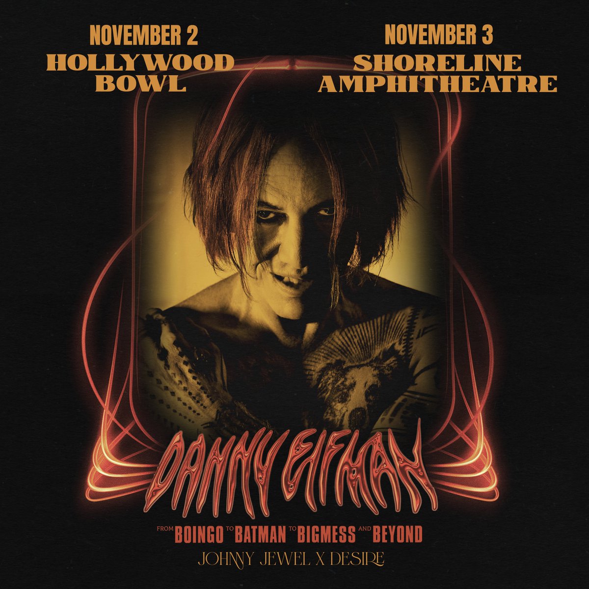 dannyelfman's tweet photo. Tickets to my show, #BBBB: From Boingo to Batman to Big Mess and Beyond, 11/2 at @HollywoodBowl and 11/3 at @ShorelineAmp are now on sale! Featuring very special guests, @IDIB  x DESIRE. See you there!

Get your tickets: https://t.co/ZD4MgUlCpW https://t.co/yCOOcE6JdF