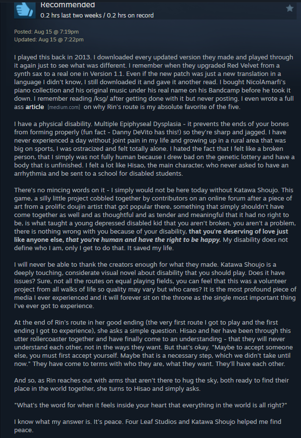 aaroncurry_'s tweet photo. had to post a review for Katawa Shoujo now that it's out on Steam.

Still the most impactful piece of media I've ever experienced. There's never been an excuse to not play it, and now it's even easier to get your hands on it. Just play it, people. https://t.co/tJGO3eBnya